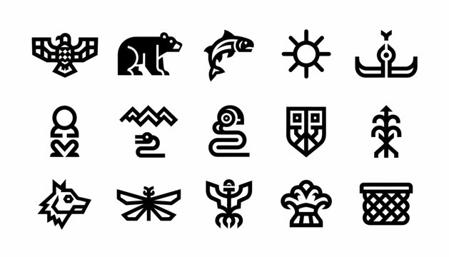 Native American Icons: Eagle, Bear, Salmon, Sun, Serpent, Warrior, Wolf
