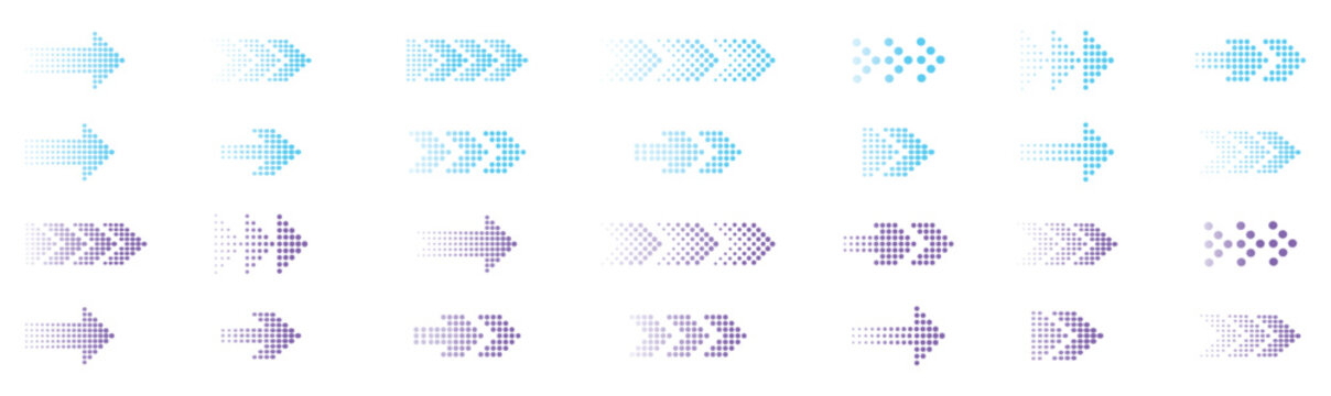 Halftone arrow vector set. Arrow icon. Arrow vector collection. Arrow. Cursor. gradient blue dotted direction symbols pointing to the right. Modern simple arrows. Vector arrow illustration