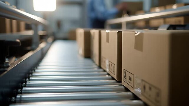 Cardboard Boxes Moving on Roller Conveyor Belt in Packing Facility