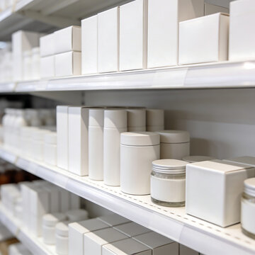 Clean minimalist display of white packaging on retail shelves  