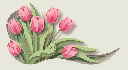 Obraz premium Pink tulips arranged with green leaves on soft beige background 
