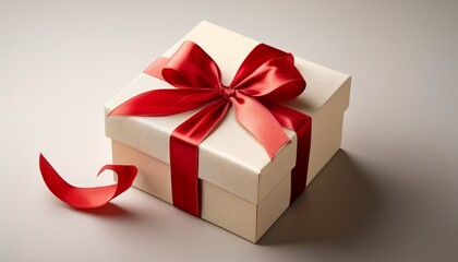 Fototapeta premium a light beige gift box square shaped is adorned with a red ribbon bow