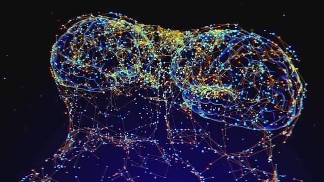 Seamless loop of two digital human heads connected by a glowing neural network for artificial intelligence and communication concepts