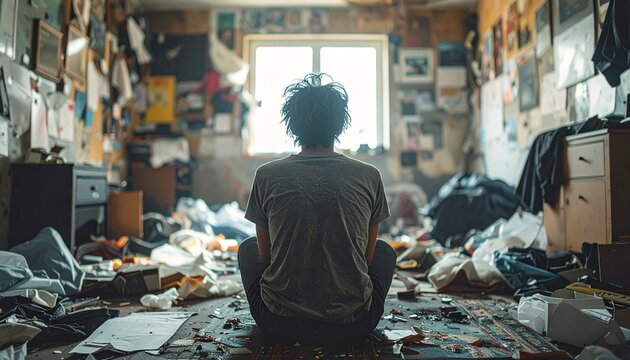 Person sitting in a messy, cluttered room, reflecting on their life and challenges