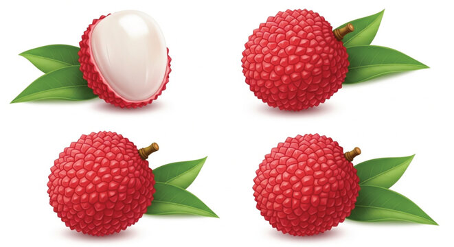Fresh lychee fruit vector set with whole and peeled tropical fruits and green leaves isolated on white
