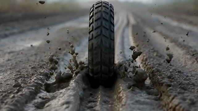 Off-Road Motorcycle Tire in Muddy Terrain - Adventure Travel & Extreme Sports