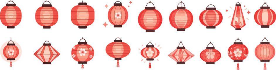 Obraz premium Set of Traditional Red Chinese Lanterns for Lunar New Year and Lantern Festival Celebration