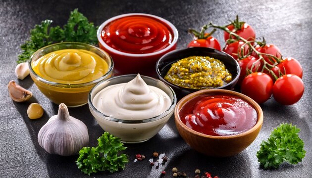 sauces ketchup mustard mayonnaise dips spices herbs tomatoes garlic pepper salt food culinary gourmet fresh