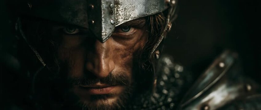 Medieval warrior on battlefield, portrait of knight without helmet. Dramatic scene with soldier in metal armor, handsome man close-up. Concept of war, crusade, history