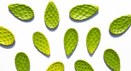 Isolated, bright green prickly pear pads arranged on white background, sunny lighting