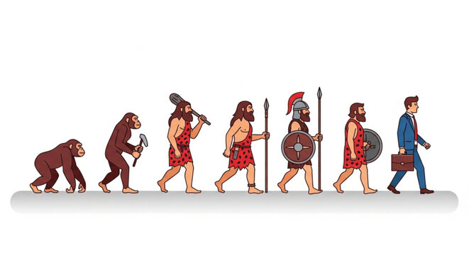 Human evolution vector set showing progression from primitive ape and caveman to modern businessman in flat design style