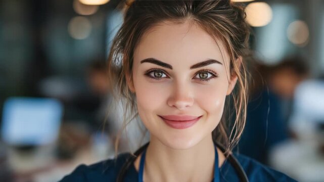 Radiant Gaze of a Health Professional: A close-up shot of a health professional with a gentle smile and eyes that reflect compassion and competence, capturing the essence of care and dedication.
