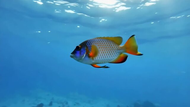 Yellowtail damselfish swimming in tropical blue ocean waters with sunlit surface reflections for marine life stock footage