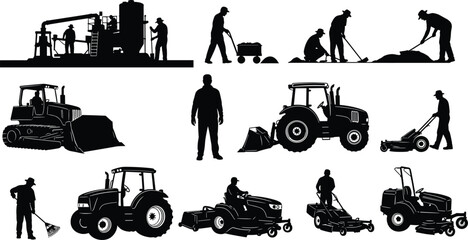 Construction and Landscaping Workers with Tractors Lawn Mowers and Heavy Equipment Black Silhouette Collection Vector © Monteza