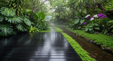 Fototapeta premium Serene Wooden Pathway Through Lush Greenery.
