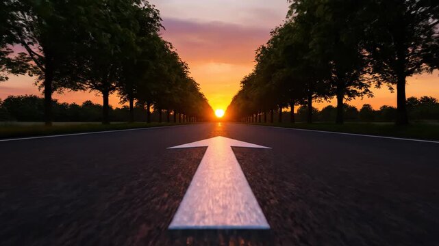 White arrow on an asphalt road leading to the sunrise or sunset. Conceptual image for business strategy, vision, and moving forward on a journey to achieve goals