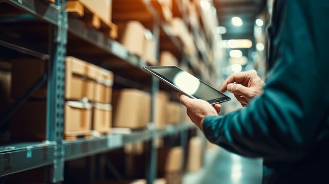 Workers check inventory and manage stock in a warehouse while using a tablet during a busy day