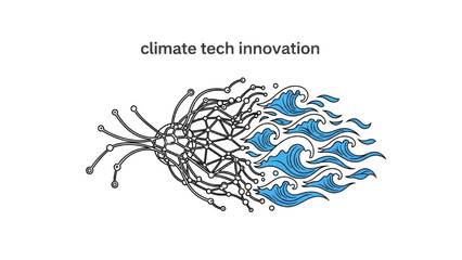 Black outline art of neural network pattern morphing into blue ocean waves, climate tech innovation concept