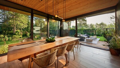 Fototapeta premium modern glass house interior with wooden features cozy dining area warm lighting and lush garden surroundings creating inviting home ambiance
