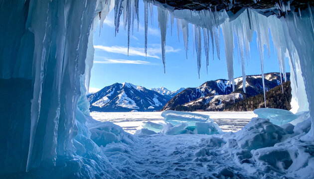 Stunning view from inside a bright blue ice cave overlooking a frozen mountain lake. Majestic snow-capped peaks and evergreen forests under a cloudy sky create a serene winter wonderland