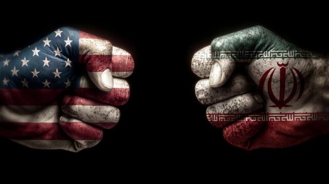 two fists with us flag and iranian flag symbolizing conflict tensions fight between two sides: usa and iran. isolated on black background