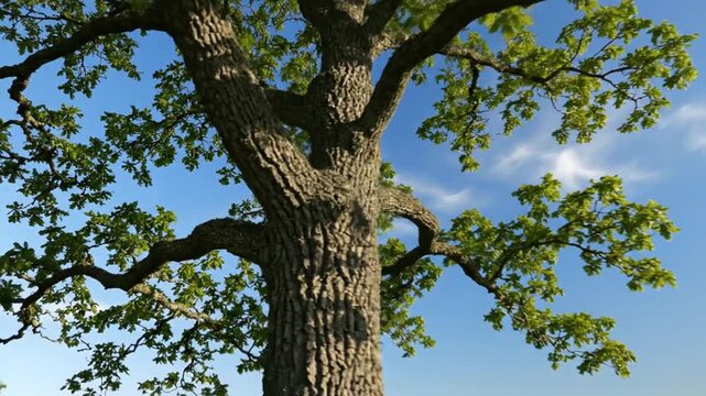 Large green tree and clear blue sky on a sunny day