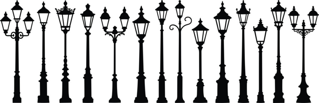 Collection of diverse vintage street lamp silhouettes on a white background Keywords: street lamp, lamp post, vintage, antique