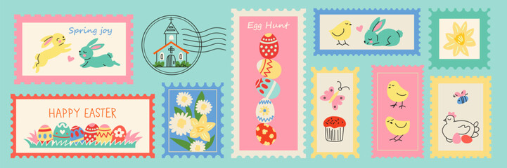 Easter greeting card or banner design with hand drawn postage stamp style stickers. Cute bunny, chick, eggs and spring flowers in soft pastel colors. Vector illustration set. © Loya.art