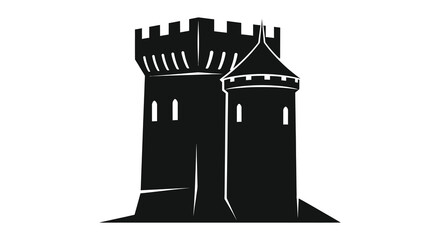 A stark black depiction of a medieval castle tower with battlements against a white background silhouette high quality professional © Tushar02