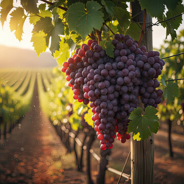 Ripe red grapes in vineyard at sunset