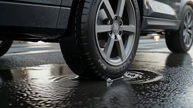 Car tire rotating and splashing through a puddle on a wet asphalt road