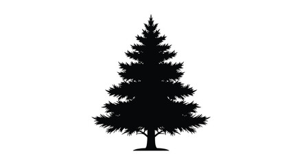 A stark black silhouette of a coniferous tree stands prominently against a plain white background silhouette high quality professional © Tushar02
