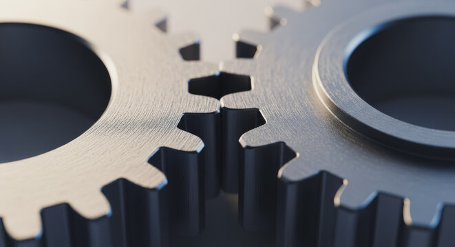 Close-up of two metallic gears meshing, symbolizing teamwork, connection, precision engineering, industrial mechanism, and technological collaboration. Interlocking cogs representing innovation, syste