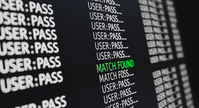 Cybersecurity Brute-Force Attack Screen Showing User Pass Attempts and 'Match Found' in Green on Black Digital Interface, Representing Hacking, Data Breach, and Unauthorized Access