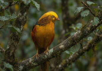 golden-breasted fruiteater perched on a mossy branch in cloud forest.