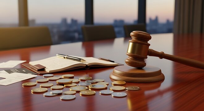 Judge's gavel sits on a table near coins and a notebook.