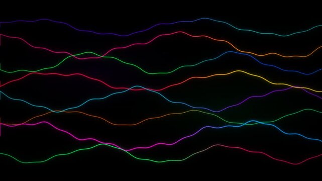Vibrant, colorful wave patterns intertwine against a dark background, creating a dynamic visual effect