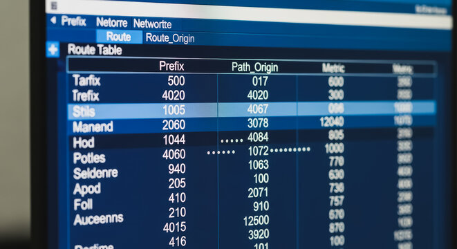 Network Route Table Display on Computer Screen Showing Data Configuration for IT Infrastructure and Internet Routing Protocols