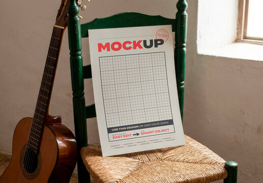 Page Poster Mockup on Wicker Chair Guitar Music Scene