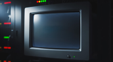 Retro CRT Monitor with Blank Screen in Dark Server Room or Data Center, Vintage Computing and Obsolete Technology Concept