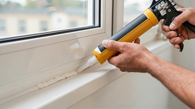 close up of worker using caulking gun to apply silicone sealant along window frame for insulation and waterproof sealing