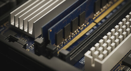 Close-up of a high-performance RAM (Random Access Memory) module installed on a blue motherboard with intricate circuit details and a heatsink, representing modern computer hardware, digital technolog