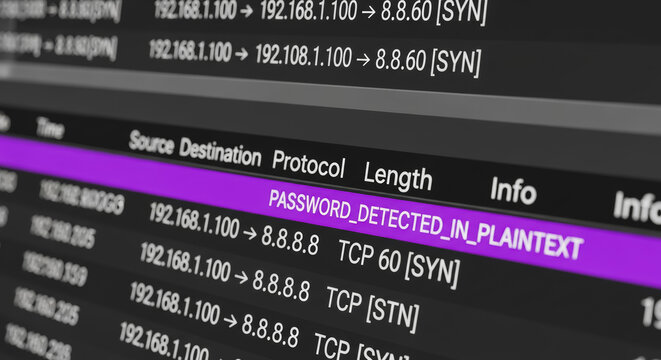 Network traffic analysis showing plaintext password detection
