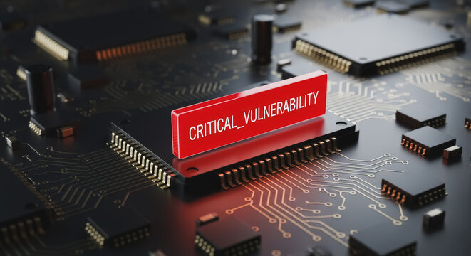 Critical Vulnerability Alert on Circuit Board: Cybersecurity Threat, System Risk, Data Breach, and Hardware or Software Security Flaw in Digital Technology Infrastructure