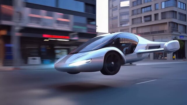 Flying car travels above city streets during evening hours showcasing future transportation technology