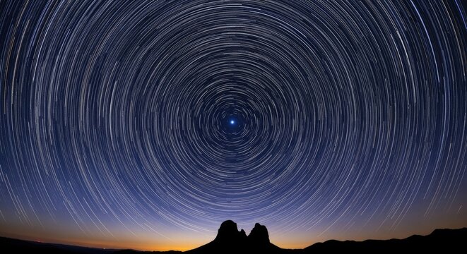 Stunning star trails circling Polaris over silhouetted desert rock formations at night, long exposure astrophotography capturing Earth's rotation, cosmic beauty in dark sky