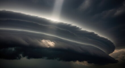 Naklejka premium Dramatic storm clouds with intense sunlight breaking through, creating surreal lens flare and atmospheric contrast over dark moody skies, nature's powerful forces in motion