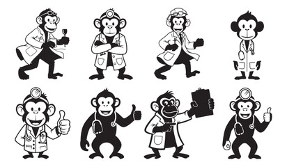 Naklejka premium Cartoon Monkey Doctor Flat Silhouette Icon