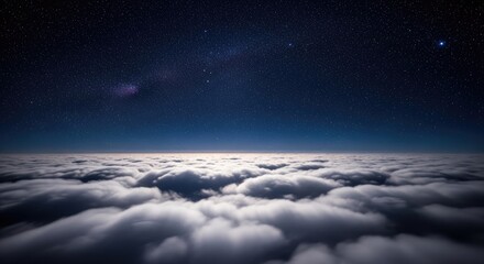 Fototapeta premium Aerial view of serene night sky filled with twinkling stars and Milky Way galaxy over vast ocean of fluffy clouds, cosmic space exploration concept, dark blue and silver tones, surreal dreamy