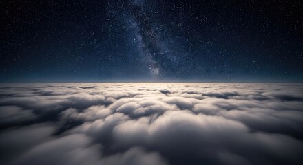 Fototapeta premium Aerial view of ethereal cosmic cloudscape with Milky Way galaxy core rising above fluffy cumulus clouds, surreal space and earth fusion, celestial landscape with starry night sky and illuminated